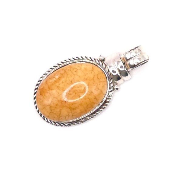 Orange Oval Gemstone Pendant With Silver-Tone Rope Detailing & Textured Back - Picture 3 of 3